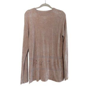 VINTAGE 90s Chenille Beige Tan Embroidered Cable Knit Crew Neck Tunic Sweater